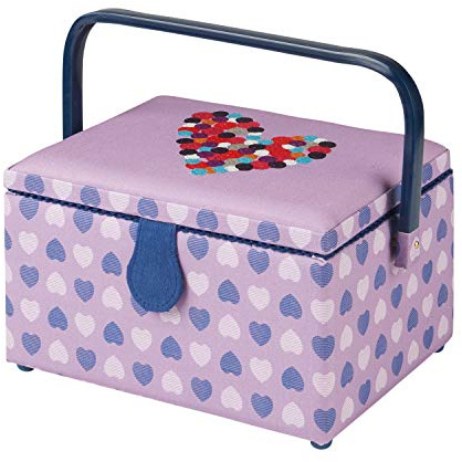 Sewing Online Medium Sewing Box,Purple Fabric with an Embroidered Button Heart Lid | 26 x 18 x 15cm | Storage & Organiser Basket with Compartments for Sewing Supplies/Accessories - GA1113M