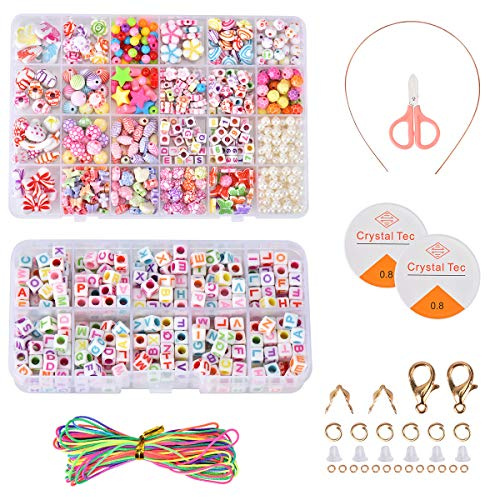 Queta Perlen Zum Auffädeln,DIY Perlen Set Armbänder Selber Machen Kinder,Buchstaben Perlenschmuck Schmuckbasteln,Ketten Basteln Geschenk für Mädchen