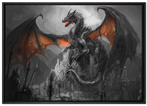 Pixxprint Drache schützend über Burg Leinwandbild 100x70 cm im Bilderahmen, Wandbild, Schattenfugenrahmen, Kein Poster