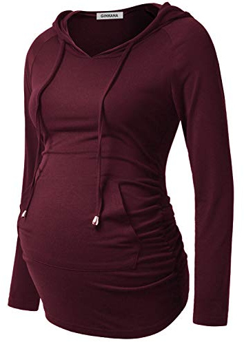 GINKANA Maternity Hoodie Long Sleeves Shirts Casual Maternity Top Pregnancy Sweatshirt Casual Clothes, Burgundy Red, M