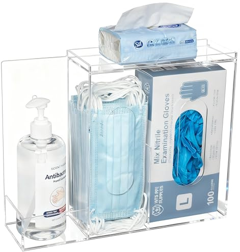 SEANADO Face Mask Dispenser 3 Compartment Acrylic Glove Box Holder Hygiene Station for Disposable Face Masks, Emesis Bag, Shoe Cover and Hairnet, Wall Mount Holes or Tabletop Holder （Clear）