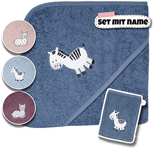 Stickling Baby Kapuzenhandtuch Set mit Waschlappen | Baby Badetuch 80x80 Bestickt mit Namen | Baby Handtuch Kapuzenbadetuch | personalisiert mit Name | Jungen Mädchen (Dunkelblaues Zebra)