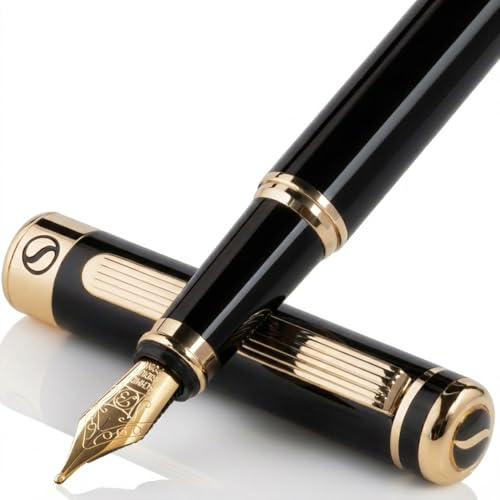 Scriveiner Schwarzer Füllfederhalter Füller Edel mit Echtvergoldung, Schmidt vergoldete Feder (breit), Bestes Geschenk für Herren und Damen, Manager, Führungskräfte (Schwarzer Lack)