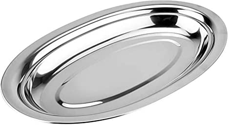 DOITOOL Stainless Steel Oval Platter, 40 x 24.4cm Heavy Duty Large Sizzling Platter Thick Serving Plates Fish Plate for Serving Fish Meat Dessert Meat Sushi Snacks for Home and Cafe Use - 1 Pack