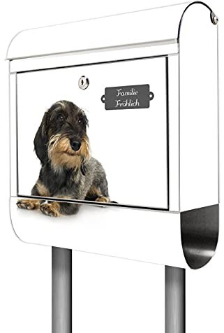 banjado® Briefkasten mit Standfuß personalisiert Motiv Dackel - Stand Briefkasten Edelstahl mit Zeitungsfach - Postbox/Postkasten A4 Einwurf inkl. Montagematerial & 2 Schlüssel