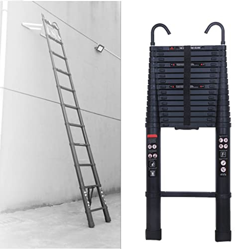 3,2m Aluminium Teleskopleiter mit 2 Haken, rutschfest Ausziehleiter Dachbodenleiter Ausziehbar Anlegeleiter, 11 Sprossen, Leicht zu Tragen, 150kg Tragkraft, Schwarz