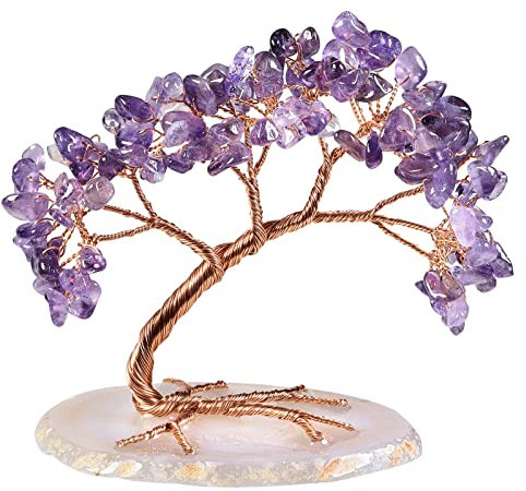 KYEYGWO Amethyst Crystal Money Tree FengShui Bonsai Figurines with Agate Slices Base, Crystal Tree Home Office Ornament for Good Luck and Wealth, 3-4 inches Tall