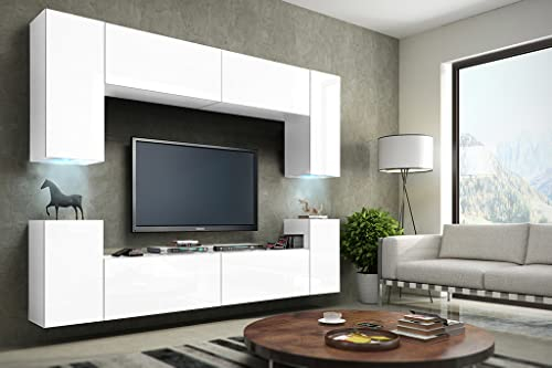 Furnitech Wohnwand Wohnzimmer | Wohnzimmer Möbel mit LED Blau | Hängend Wohnwand Modern | Wohnzimmer Schrankwand mit Regale und TV Schrank (Future C1/M/W/4-1B MATT)