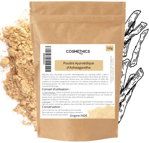Poudre Ayurvédique de Ashwagandha naturelle 100g Cosm'Ethics® 100% renforce le cuir chevelu et améliore la circulation pour une meilleure pousse
