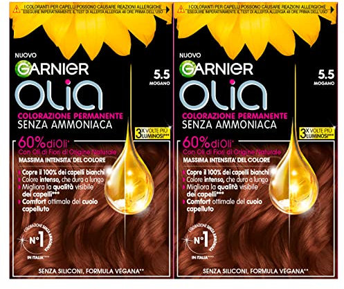 Garnier Olia Tinta Capelli Permanente Senza Ammoniaca Colorazione con Oli di Fiori di Origine Naturale ad Azione Illuminante e Nutriente Colore 5.5 Mogano - 2 Confezioni