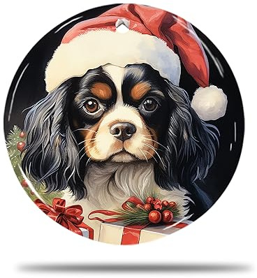 Keramik Weihnachts Ornamente, 7.3Cm Cavalier King Charles Spaniel Hund 3D Hängende Ornamente Weihnachtsanhänger Christbaum Baumschmuck Anhänger