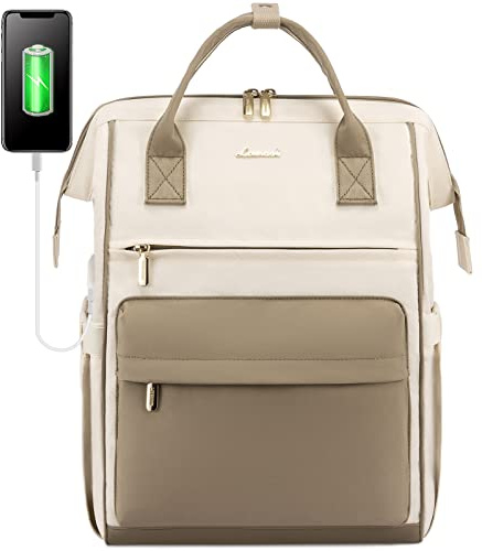 LOVEVOOK Backpack Womens, Waterproof Laptop School Bags 17 Inch Computer Rucksack with USB Port for Ladies Teacher Nurse Back Pack for Work Travel College Business, Khaki Beige