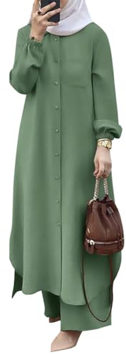 OBEEII Muslimische Kleider für Damen 2 Teiler Corban Ramadan Outfit Langarm Oberteile Robe Und Hosen Dubai Türkisches Naher Osten Arabisch Islamische Kleidung Grün02 XL