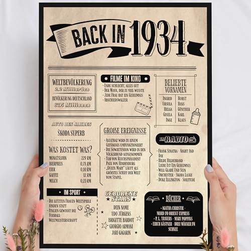 91 Geburtstag Geschenk - Alte Zeitung Holzbild - Back in 1934 Vintage - personalisierbar zum Hinstellen/Aufhängen optional beleuchtet - 91 Geburtstag Oma, 91 Geburtstag Frau, 91 Geburtstag Mann