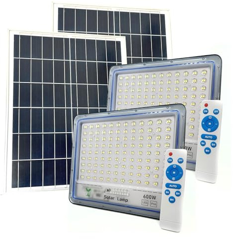 081 Store - 2 PEZZI faro led esterno con pannello solare 600w 6500k Bianco IP67 impermeabile pannello solare con telecomando
