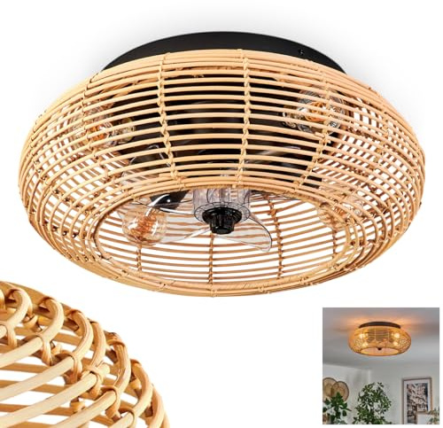 HOFSTEIN Deckenventilator Mulstrand, Ventilator aus Metall/Bambus in Schwarz/Natur mit Fernbedienung, Auf-/Abwind-Funktion u. Lichteffekt an der Decke, Deckenleuchte 4-flammig Ø 50cm, 4x E27, 3 Stufen