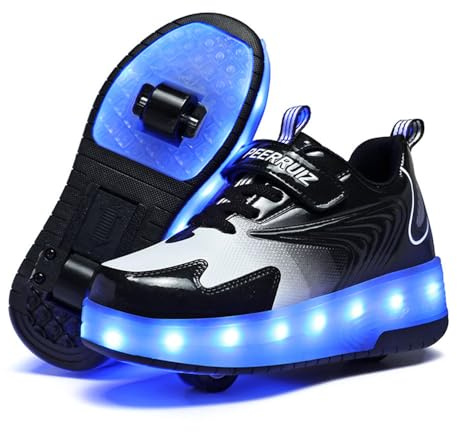 ENEN Chaussures à Roulettes Retractables Garçons Basket Roulette pour Enfant Fille - Roller 2 Roues Déformable Adolescents pour Intérieur Extérieur 37 EU Noir Blanc, Bleu