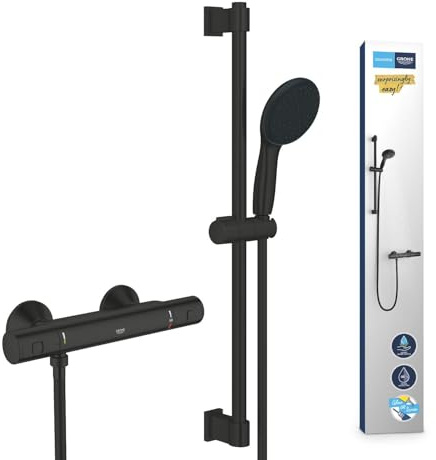 GROHE Precision Start - Thermostat Brauseset wassersparend ~9l/min (1 Strahlart, Sicherheitssperre bei 38°C, 60cm Brausestange, 175cm Brauseschlauch), rund, chrom, 345972431