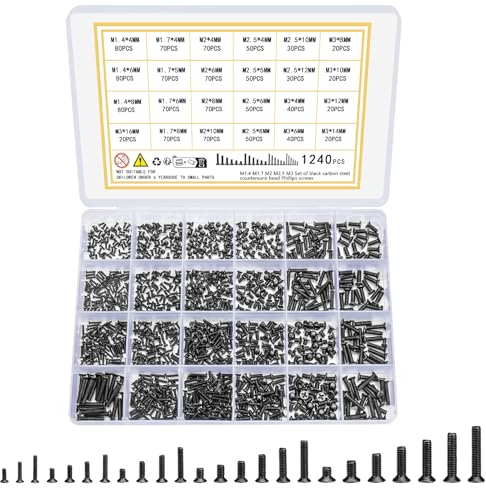 Vwoqiy 1240 Stück Kleine Schrauben Sortiment Kit, Senkkopfschrauben, Mikroschrauben Maschinenschrauben, Gewindeschrauben Set, Brillenschrauben, Uhrenbrille Computer Schrauben, M1.4/M1.7/M2/M2.5/M3