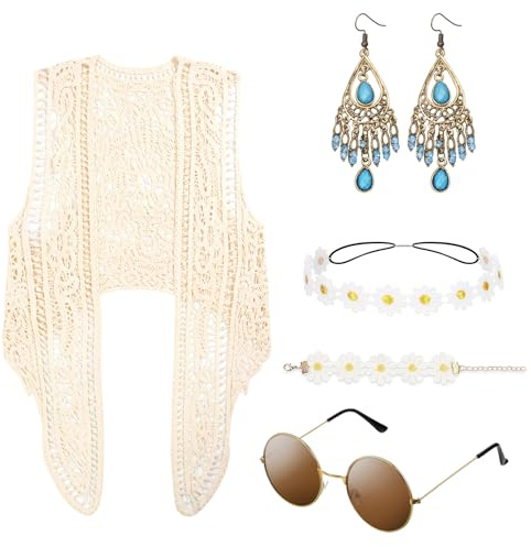IWTBNOA 6 Stück Hippie Kostüm Set, 60er 70er Jahre Hippie Kleidung Damen Unregelmäßige Boho Hippie Weste mit Sonnenbrille, Friedenszeichen Halskette, Ohrring, Blumen Haarband, Armband(für Büste＜85cm)