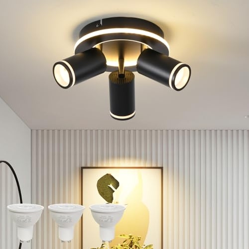 MYCUL Deckenstrahler Runde 3 Flammig 15W+3x5W GU10 Spots,Warmweiß,Schwarz | Schwenkbar 350°,Deckenstrahler mit unteres Glühen ,Deckenspot strahler,Modern Deckenlampe,Spotleuchte für Küche,Wohnzimmer