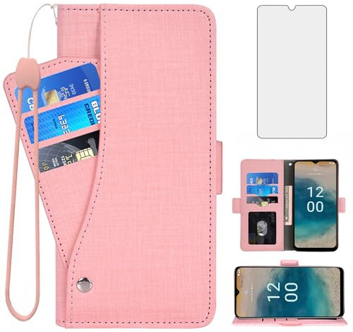 Asuwish Compatible with Nokia G22 Wallet Case and Tempered Glass Screen Protector Leather Flip Cover Card Holder Stand Cell Accessories Shockproof Sof Phone Cases for NokiaG22 22G G 22 Women Pink
