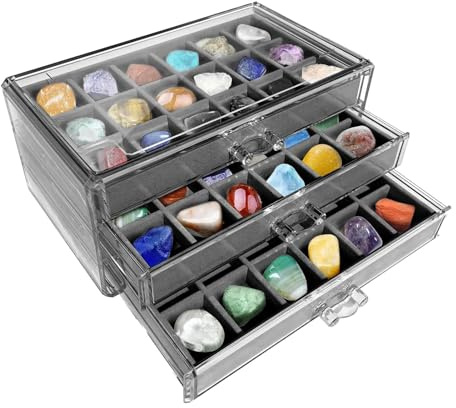 Rock-Sammelbox, Kristallregal mit 54 Fächern, 3-lagige Acryl-Fossilien-Vitrine, Kristall-Aufbewahrungs-Felsen-Vitrine für Souvenirs, Steine, Muscheln, Miniaturen