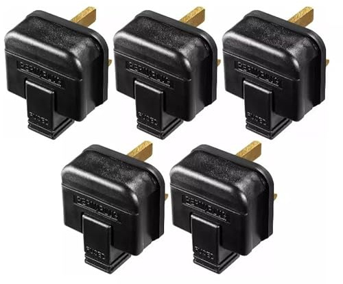 Heavy Duty Rubber Plugs 3-Pin 13A [Black], Rewireble Permaplug, Manufactured to BS1363-2, Pack of 5