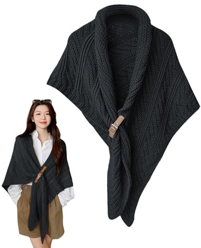 Gestrickter Dreieckstuch mit Lederschnalle, Strickschal für Damen, gehäkelter Schal, Schal für Damen, lässig, Schwarz , 170