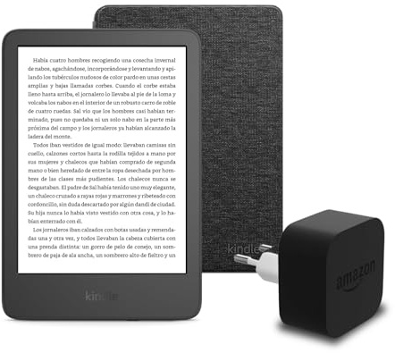 Den neuen Kindle (2024 Release) 16 GB mit Werbung, eine Amazon-Stoffhülle und ein Amazon Powerfast 9-W-Netzteil.