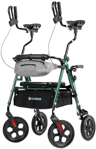 ELENKER All Terrain Upright Rollator Walker with Seat, Foldable Stand Up Walkers for Seniors with Armrest, Front Pouch, 10” Wheels, Fully Adjustment Frame, Green