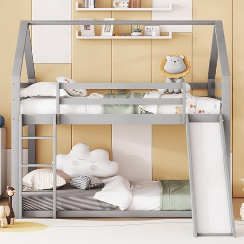 TIZZ Doppelbett Kinderbett Hausbett Etagenbett mit Rutsche und Leiter, Kinderzimmer Hoch-Doppel-Stockbett (Grau, 140x200cm)