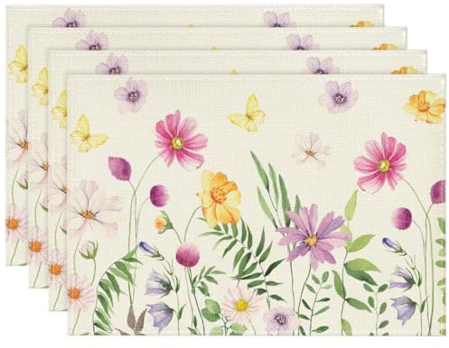 Lot de 4 Sets de Table Motif Fleurs Papillon, Sets de Table Lavable pour Pâques, Printemps, Printemps, décoration de Table de Pâques, Décoration de fête, 30 x 45 cm