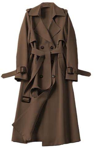 BININBOX Trench Lungo Allacciato da Donna con Risvolto Giacca di Transizione con Cintura Cappotto Antivento Lungo per Primavera e Autunno (Caffè, XL)