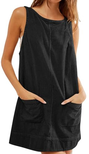 Damen Latzrock Quadratischer Ausschnitt Cord Latzkleid Freizeitkleider Corduroy Mini Kleid Damen Cord Overall Kleid Rundhals A-Linie Rock Tall Pullover Ärmellos Minikleid Latzhose mit Taschen