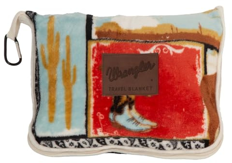 Carstens, Inc. Wrangler Reisedecke, Premium Kompakt 2-in-1 Flugzeugdecke/Kissen, Vintage Western
