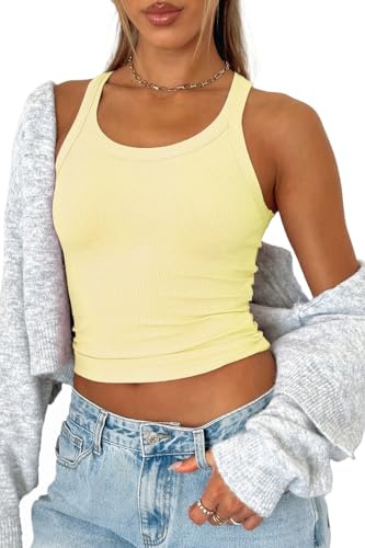 FOFAINWE Gerippte Cropped Tank Top - Rundhalsausschnitt Workout Sommer Halter Tops Ärmellos Basic Camis Racerback