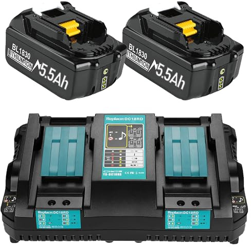 2 x 18V 5.5Ah BL1850B Batteries + 6A DC18RD Dual Port Charger Compatible with BL1830 Battery 14.4V-18V BL1850 BL1830 BL1840 BL1860 and DC18RD DC18RC DC18RCT DC18RF DC18SF Charger