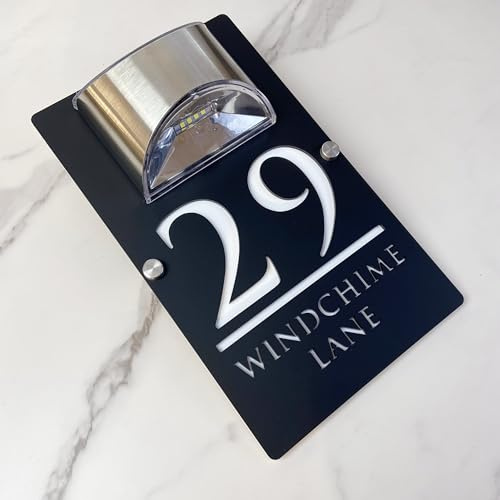 Personalised Solar LED House Number Sign – Custom Illuminated Door Plaque with Laser Engraving – Waterproof Acrylic Address Plate – Auto ON at Night for Home Wall, Fence or Gate (Black white)