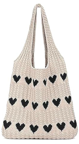 FAINCA Hjärta Strandväska, 30 x 36 cm Virkad Väska, Handstickad Strandväska, Virkad Axelväska Stickad Handväska För Resor För Shopping Och Semester, Kaki