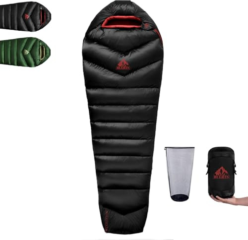 BUERTS Daunenschlafsack für den Winter – Ultraleichter, tragbarer und kompakter Winterschlafsack für Outdoor-Aktivitäten, geeignet für Erwachsene und Kinder, Camping, Wandern. (-5℃, Schwarz)