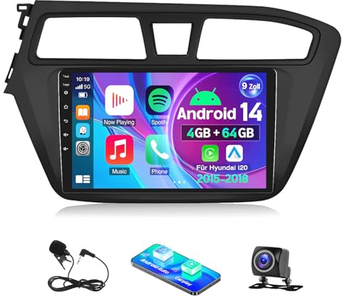 iSpchen Radio de coche Android 14 para Hyundai i20 2015 – 2018 con Carplay Android Auto, 9 pulgadas, pantalla táctil doble din, radio estéreo con Bluetooth, FM RDS, enlace espejo, GPS, WiFi+ cámara de