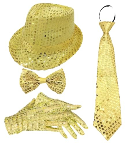 TiaoBug 70er Jahre Disco Kostüm Glitzernde Pailletten Jazz Hut Krawatte Handschuhe Hosenträger Für Disco Partys Musikfestivals Typ B Gold 4 Stück Einheitsgröße