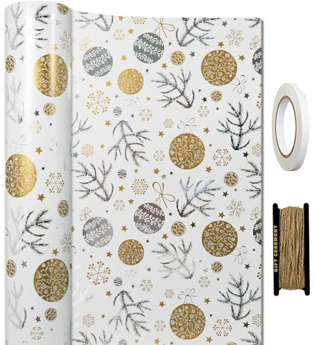 HaloCasa Omslagspapper för julfolie – 1 rulle (43 cm x 15 m) med jutesnöre och dubbelsidig tejp – lyxig presentförpackning för julklappar och hantverk
