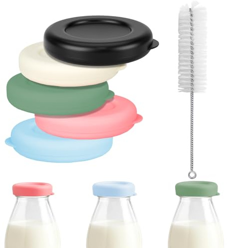 6-Piece Set Milk Bottle Tops for UK Glass Bottles, Reusable Milk Bottle Tops for Spill-Proof Storage, Colourful Milk Bottle Tops, Suitable for Home and Outdoor Storage