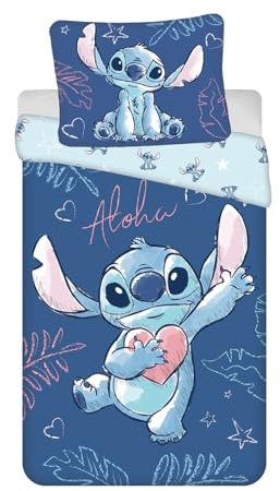Stitch Aloha Bettwäsche 140x200 + Kissenbezug Baumwolle Blau Disney | Wendebettwäsche Einzelbett | Hawaiianischer Gruß, das Herz voran | Offizielle Disney Lilo & Stitch Lizenz