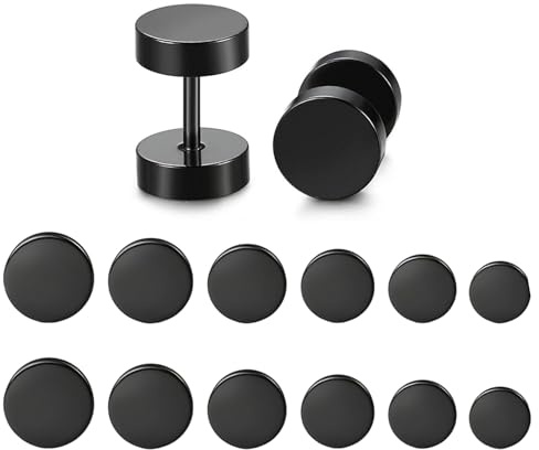 6 Paires Boucles D'Oreilles, Boucles D'Oreilles Noir Acier Inoxydable, Acier Inoxydable Hypoallergénique Faux Plug pour Homme et Femme (4mm, 5mm, 6mm, 7mm, 8mm,10mm)