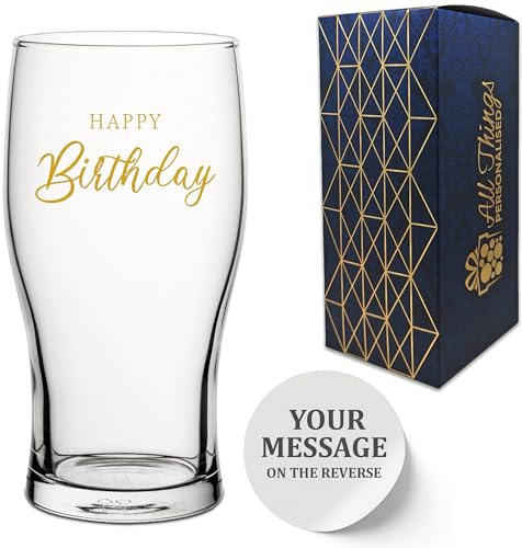 Biercidre-Tulpenglas, personalisierbar, kursives Happy Birthday-Design, goldfarben, personalisierbar, mit Ihrem Text für jeden Anlass, Geschenkbox inklusive, bedruckt und graviert in Großbritannien