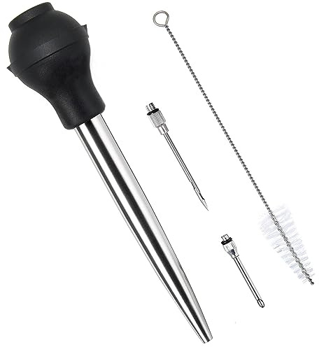 Best Utensils Stainless Steel Turkey Baster Commercial Grade Quality Silicone Bulb Including Marinade Injector Needle And Brush For Easy Clean Up