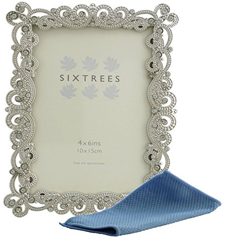 Sixtrees Matilda Antique Vintage and Shabby Chic Style silver metal 4 x 6 inch photo frame with beads and crystals. Complete with microfibre cleaning cloth.